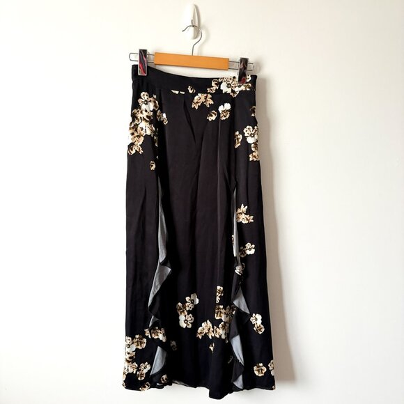Aritzia Little Moon Ruffle Floral Sateen Midi Skirt Black Size 0 - Picture 1 of 5